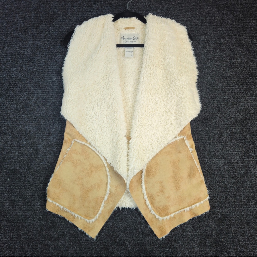 American Rag Faux Suede Sherpa Vest Womens Small Sleeveless Tan Cream Boho Chic